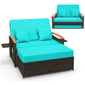 Patio Rattan Daybed Set w/Cushioned Loveseat & Storage Ottoman for Porch - Picture 1 of 10