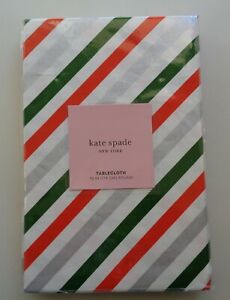 KATE SPADE DIAGONAL STRIPE Tablecloth Cotton 70” Round Holiday Green Red Silver