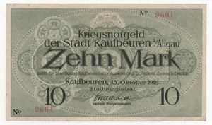 GERMANY KAUFBEUREN 10 MARK 1918 WAR EMERGENCY MONEY NOTGELD KRIEGSNOTGELD - Picture 1 of 2