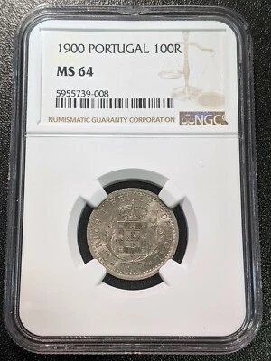 1900 MS64 Portugal 100 Reis KM 546 NGC UNC Single Year Type! Carlos I - Image 1 of 2