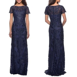NEW LA FEMME Navy SEQUIN Embroidered LACE Column EVENING Dress GOWN 4 - Picture 1 of 13