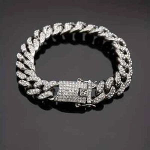 Mens Iced CZ Out 18k Gold Plated Miami Cuban 12mm Link Bracelet - Picture 1 of 11