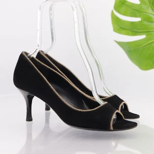 Vintage Bruno Magli Womens Pump Size 40 9 Black Suede Open Toe MId Heel Courts - Picture 1 of 16