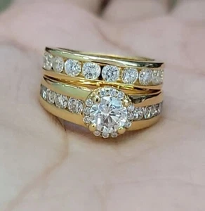 3Ct Round Cut Lab Created Diamond Halo Bridal Ring Set 14K Yellow Gold Finish - Picture 1 of 3