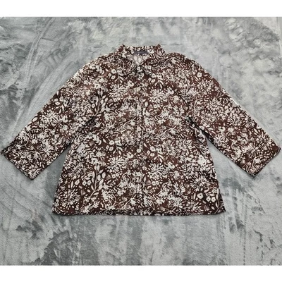 Vintage Liz Claiborne Top Womens XL Brown Floral Linen Button Front Crop Sleeves - Image 1 of 4