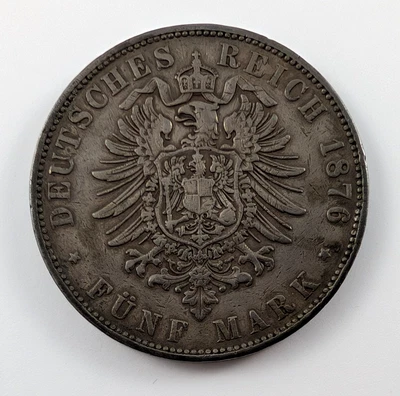 SAXONY-ALBERTINE 1876 E Silver 5 Mark German States KM#1257 VF Very Condition - Image 1 of 4