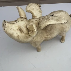 Alas de alcancía antiguas de hierro fundido "cuando los cerdos vuelan" rústicas - Imagen 1 de 12