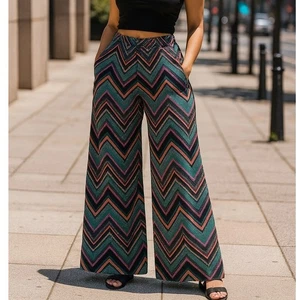 New Sou Bisou Wide Leg Palazzo Pants Chevron Print Lined Casual Comfy Small$50 - Picture 1 of 9