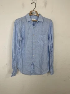Uniqlo Camicia Uomo Grande Blu 100% Lino Bottoni Spiaggia Preppy Costiera Viaggio - Foto 1 di 9