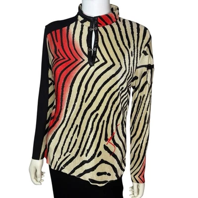 Vintage Jamie Sadock Firework Beige/Red/Black Striped Long Sleeve Golf Top sz M - Image 1 of 4