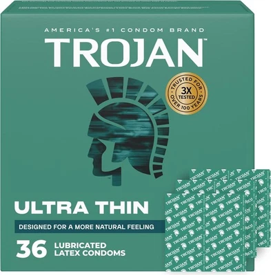 Preservativos Trojan ultrafinos para ultra sensibilidad, lubricados, paquete de 36 unidades Foto 1 de 4
