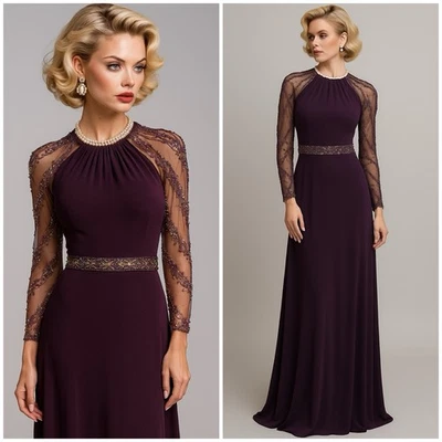 Vestido de noche TERANI M1447 adornado con cuentas jersey manga transparente para mujer 8 Foto 1 de 4