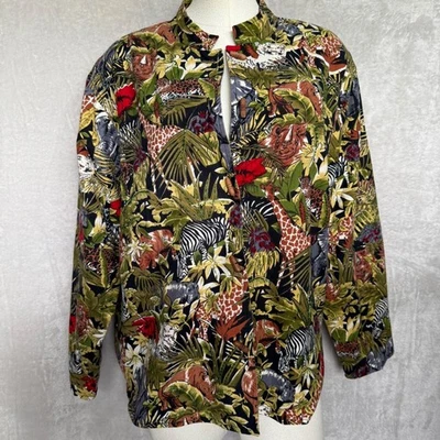 Vintage Safari Jungle Print Beaded Jacket Womens 1X Wood Buttons Artsy eclectic - Image 1 of 4