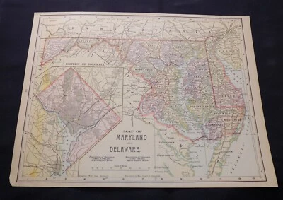 Antiguo mapa Atlas COLOR 1898 / MD, DE, DC, b/w VA, WV Foto 1 de 2