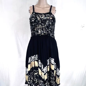 Sakkas Black Yellow White Embroidered Shirred  Spaghetti Strap Dress OS.  Rayon - Picture 1 of 13