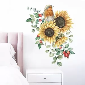 Cute Sunflower Birds Removable Wall Sticker Green Leave Floral Wall Decor AU - Picture 1 of 7
