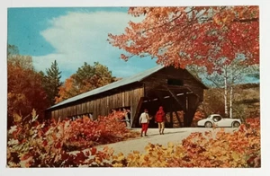 Old Covered Bridge Autumn Foliage Hunters Sportscar Dexter Press Postcard 1962 - Picture 1 of 2