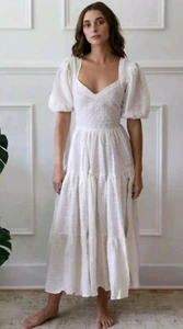 MILLE Resort & Travel Maxi Dress Sz S Maja White Eyelet Lace Puff Sleeve Tiered - Picture 1 of 17