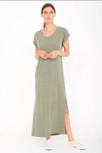 SUNDRY Short Sleeve Cuffs Maxi Side Slit Cotton T Shirt Dress 3 LARGE Green - Picture 1 of 6