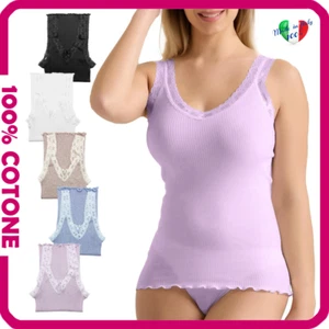 Top Canotta Intima Donna Pizzo Costina 100% Cotone Spalla Larga Canottiera a V - Foto 1 di 24