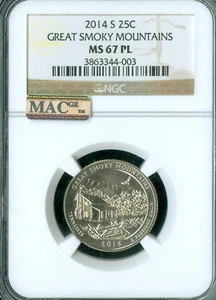 2014 S GREAT SMOKY MOUNTAINS QUARTER NGC MS67 PL MAC SPOTLESS . - Picture 1 of 4