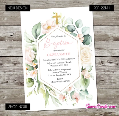 Floral Christening Baptism Invitations Holy Communion Confirmation Invites Girl - Image 1 of 4