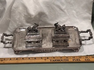 Ornate Silver Plated figural Foo Dog inkwell aesthetic bug dragon handles - Picture 1 of 10