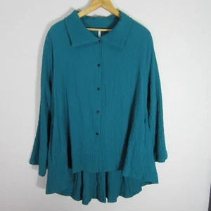 Kiyo Womens Medium Teal Blue Green LS Crinkle Hi Low Tunic Top Lagenlook Relaxed - Picture 1 of 10