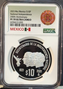 2021 MEXICO SILVER 10 PESOS NATIONAL INDEPENDENCE ANNIV NGC PF 70 ULTRA CAMEO - Picture 1 of 3