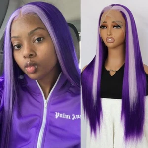 Long Straight Synthetic Lace Front Wigs Purple Hair Heat Resistant Women Party - Picture 1 of 7
