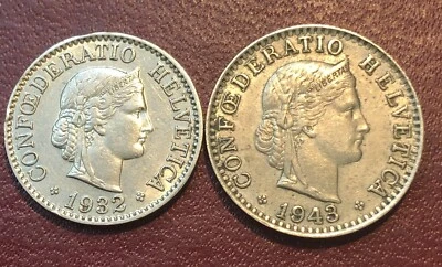 Switzerland 1932-B 10 Rappen, 1943-B 20 Rappen, AU+ Details, Pr. of Coins - Image 1 of 4