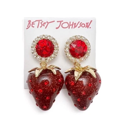 Betsey Johnson Red Strawberry Crystal Faux Pearl Resin Dangle Earrings NEW - Image 1 of 4