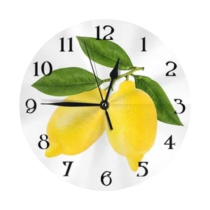 Silent Non Ticking Round Wall Clock, Lemon with Leaves Home Decor Battery Ope... - Picture 1 of 7