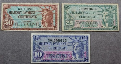 US. (3) Military Payment Certificate 10c. 25c. 50c. Series 591 Nice Circulated! - Image 1 of 2