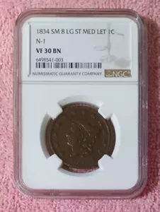 1834 Large cent, Small 8-Lg Stars-Medium Letters, N-1, Double Profile, NGC VF30 - Picture 1 of 5