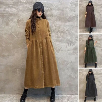 Mujeres Mangas Largas Vestido Invierno Pana Solapa Botón Chaqueta Larga Abrigos Foto 1 de 4