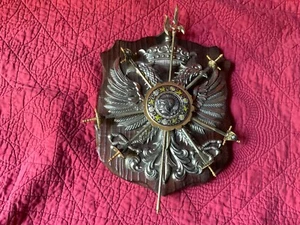 Small Medieval Coat of Arms Plaque Double Eagle Swords Axe Pikes - Picture 1 of 9