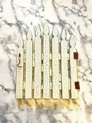 Whitewashed Wood Metal Hinges/Hook Fairy Gate Fence Door, Mushrooms, Gazing Ball - Image 1 of 4