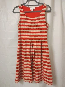 Elle Size 8 Sleeveless Striped Eyelet Dress Pleated Skater Coral Tan Women's - Picture 1 of 8
