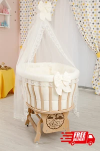 Natural Bamboo Wooden Baby Moses, Basket Crib with Deluxe Cotton Mattress - Picture 1 of 23