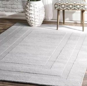Double Border Solid Gray Hand Tufted 100% Wool Area Rug For Living Room Bed Room - Picture 1 of 6