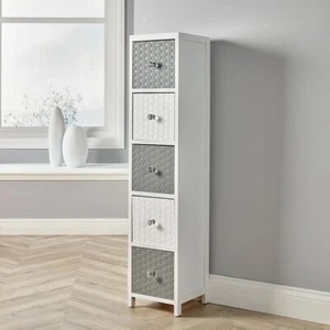 White Wooden Storage Unit 5 Drawer Tall Chest Bedroom Organiser Crystal Handles - Picture 1 of 4