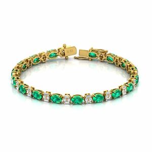 Zambian Emerald Gemstone Tennis Bracelet SI/H Diamond 18k Yellow Gold 9.34 Tcw