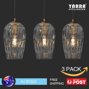 3X Kitchen Glass Pendant Light Clear Bar Chandeliers Hammered Glass w/ 25W Bulb - Picture 1 of 9