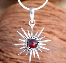 Red Garnet Gemstone Pendant 925 Sterling Silver Sun Design Handmade Jewelry