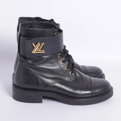 Louis Vuitton Women Black Ankle Boots 100% Leather Solid Lace Up Booties EU 37.5 - Image 1 of 4