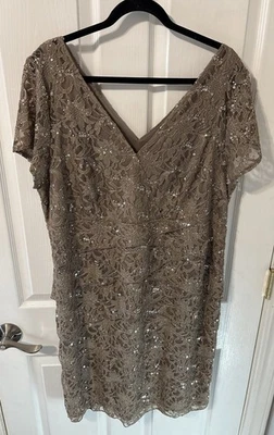 Dressbarn Signature Lexi Dress 20W Short Sleeve V Neck Tiered Sequin Lace Sheath - Image 1 of 4
