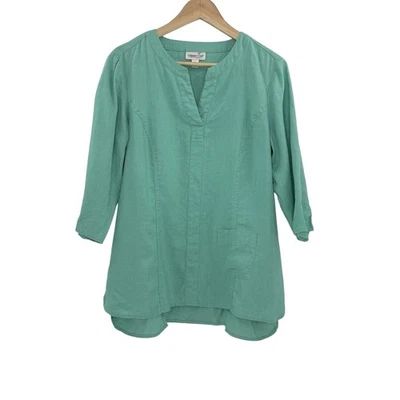 Coldwater Creek Aqua Turquesa Crew. Blusa 100% Lino 3/4 Slv Petite L Boho Foto 1 de 4
