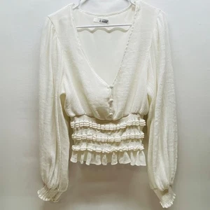 E. Ssue gesmokte Taille Bluse Damen Large weiß Langarm V-Ausschnitt Boho gebraucht, in einwandfreiem Zustand - Bild 1 von 6