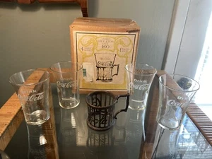 Vintage Coca Cola Coke 1973 Pewter Replica 1 cup holder and 4 flared glass IOB - Picture 1 of 10